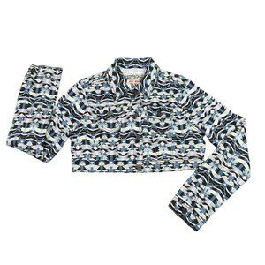 Hot Kiss Crop Top Denim Jacket 80s Retro Pastel Geometric Button Up Womens L